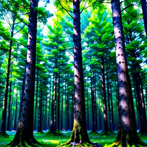 a forest filled with lots of tall trees and green grass on the ground and a blue sky above it