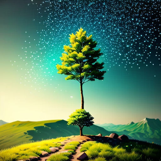 a painting of a tree on a hill with a trail leading to it and stars in the sky above