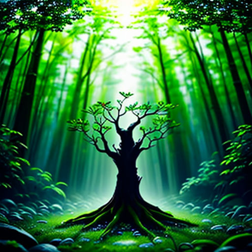 a painting of a tree in the middle of a forest with sunlight coming through the trees and leaves on the ground