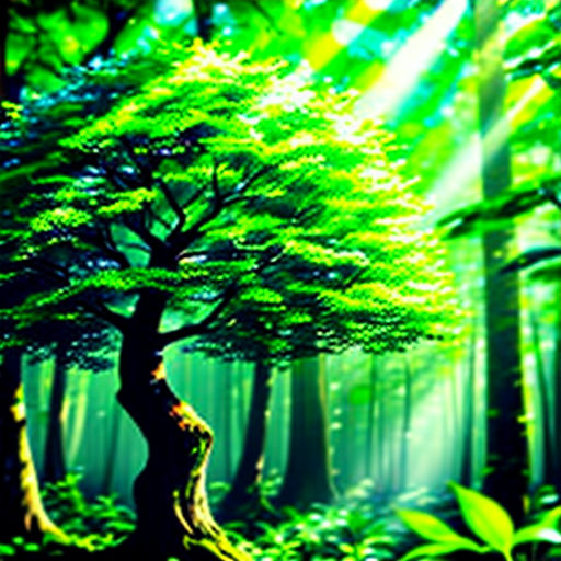 a green forest with a tree in the middle of it and sunlight shining through the trees on the ground