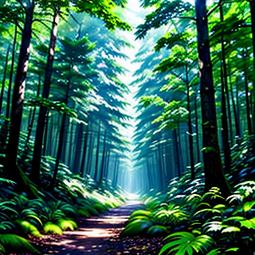 a path through a forest with lots of trees and ferns on it, with a bright light coming from the top of the trees