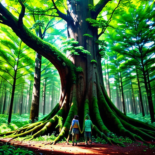 a couple standing in front of a large tree in a forest with green leaves on it's trunk