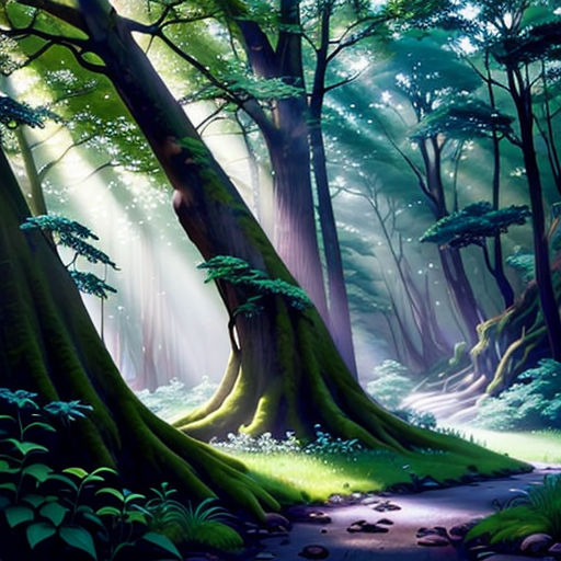 a painting of a forest with sunlight streaming through the trees and a path leading to a path through the woods