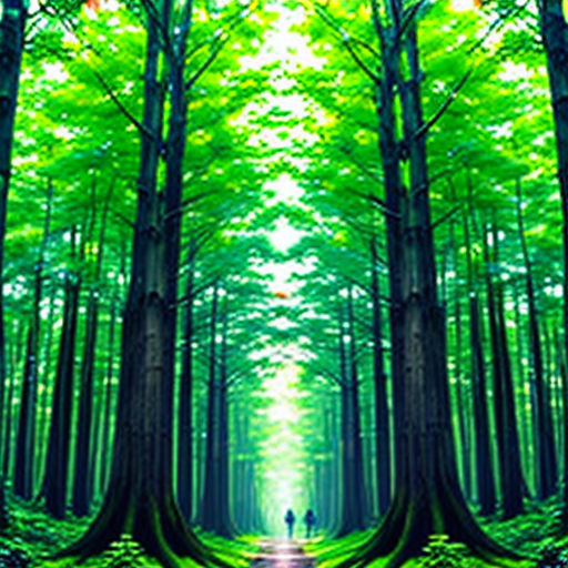 a person walking down a path in a forest with trees on both sides of the path and a person walking down the path