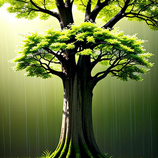a tree with green leaves and a green background with rain falling down on it and a green sky with white clouds