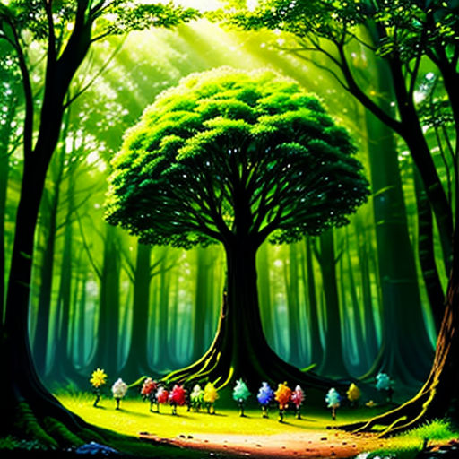 a painting of a forest with a lot of trees and animals in it, and a bright light coming from the trees