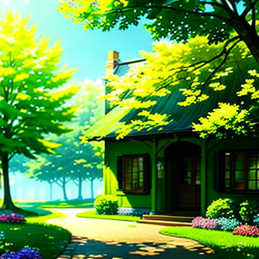 a green house with a pathway leading to it and trees in the background with flowers and grass around it