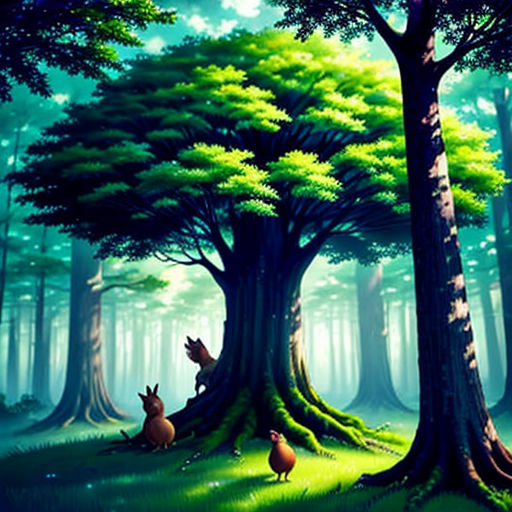 a painting of a forest with animals in it's habitat and a tree with a few leaves on it