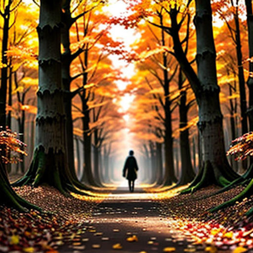 a person walking down a path in a forest with trees and leaves on the ground and a man in the distance