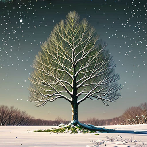 a painting of a tree in the snow with stars in the sky above it and a snowy field below