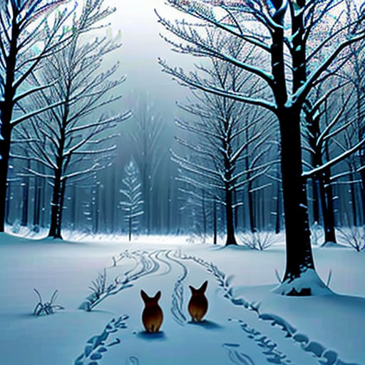 two deers are walking through a snowy forest with trees and tracks in the snow, with a full moon in the background