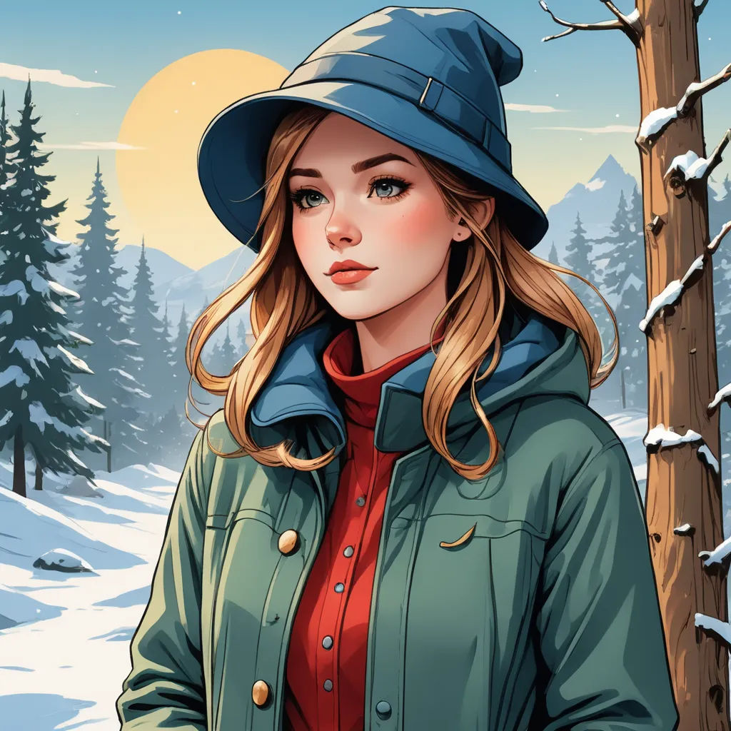 a woman in a hat and jacket standing in the snow near a tree with a full moon in the background, sots art, a character portrait, Ada Hill Walker, character portrait