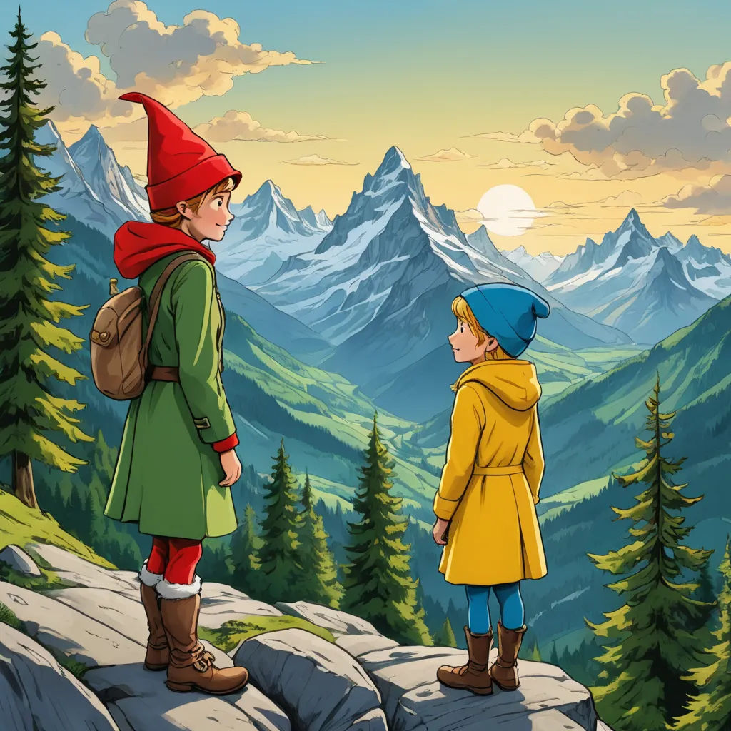 a boy and a girl looking at the mountains with a view of the sun in the distance and a mountain range in the background, sots art, a storybook illustration, Brothers Hildebrandt, official art