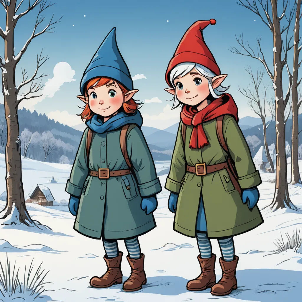two little elves standing in the snow in a forest with a cabin in the background and a snow covered hill in the background, antipodeans, a storybook illustration, Elsa Beskow, promotional image