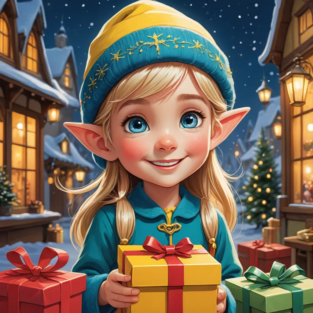 a cartoon girl holding a christmas present in front of a christmas tree and a house with presents in it, fantasy art, a storybook illustration, Chris Rallis, official art