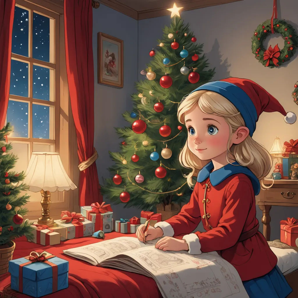 a girl sitting at a table with a book in front of a christmas tree and presents on the table, fantasy art, a storybook illustration, Cliff Childs, trending on art station