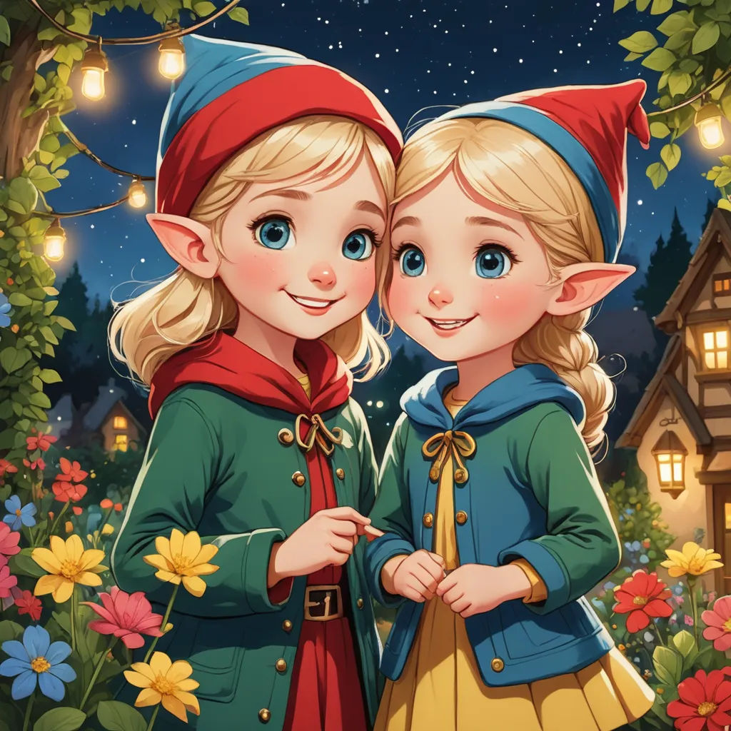 two little girls dressed in elf costumes standing in front of a house at night with lights on the trees, fantasy art, a storybook illustration, Chris Rallis, trending on art station