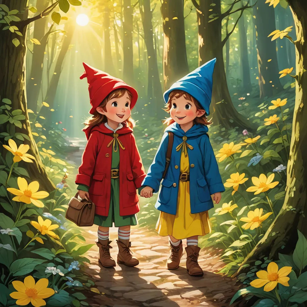 two children walking in a forest with a bright light coming through the trees and flowers on the ground,, fantasy art, a storybook illustration, Brothers Hildebrandt, official art