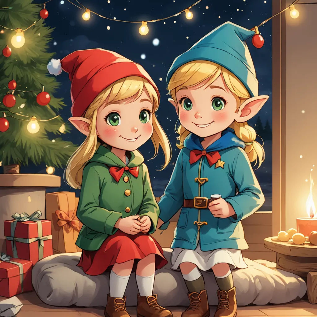 two little girls dressed in elf outfits sitting on a pillow next to a christmas tree with presents under it, sots art, a detailed painting, Bálint Kiss, official art