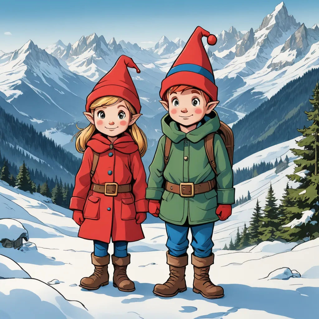 two children dressed in red and green standing in the snow with mountains in the background and a blue sky, naive art, a storybook illustration, Brothers Hildebrandt, promotional image
