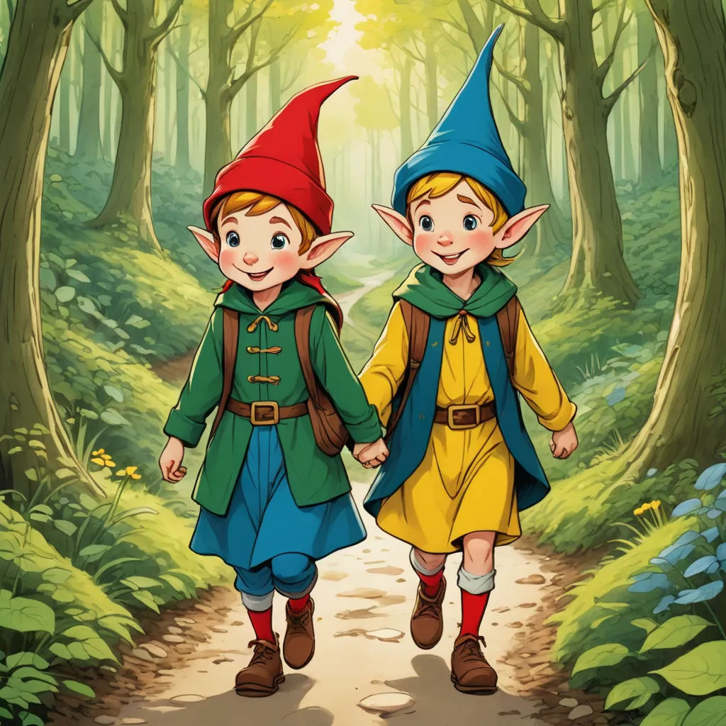 two little elves walking down a path in the woods together holding hands and smiling at the camera with a forest background, antipodeans, a storybook illustration, Brothers Hildebrandt, d & d