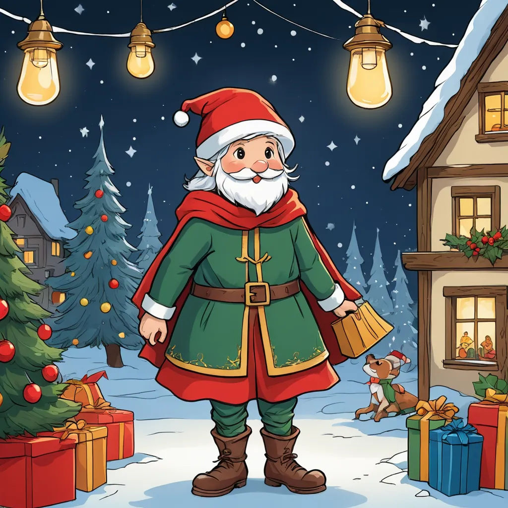 a cartoon santa clause standing in front of a christmas tree and presents under a string of lights and lights, naive art, a storybook illustration, Ernest William Christmas, storybook illustration