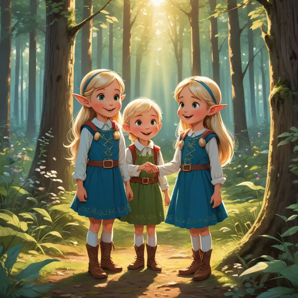 a painting of two girls in the woods holding hands and smiling at the camera, with the sun shining through the trees behind them, sots art, a storybook illustration, Brothers Hildebrandt, official art