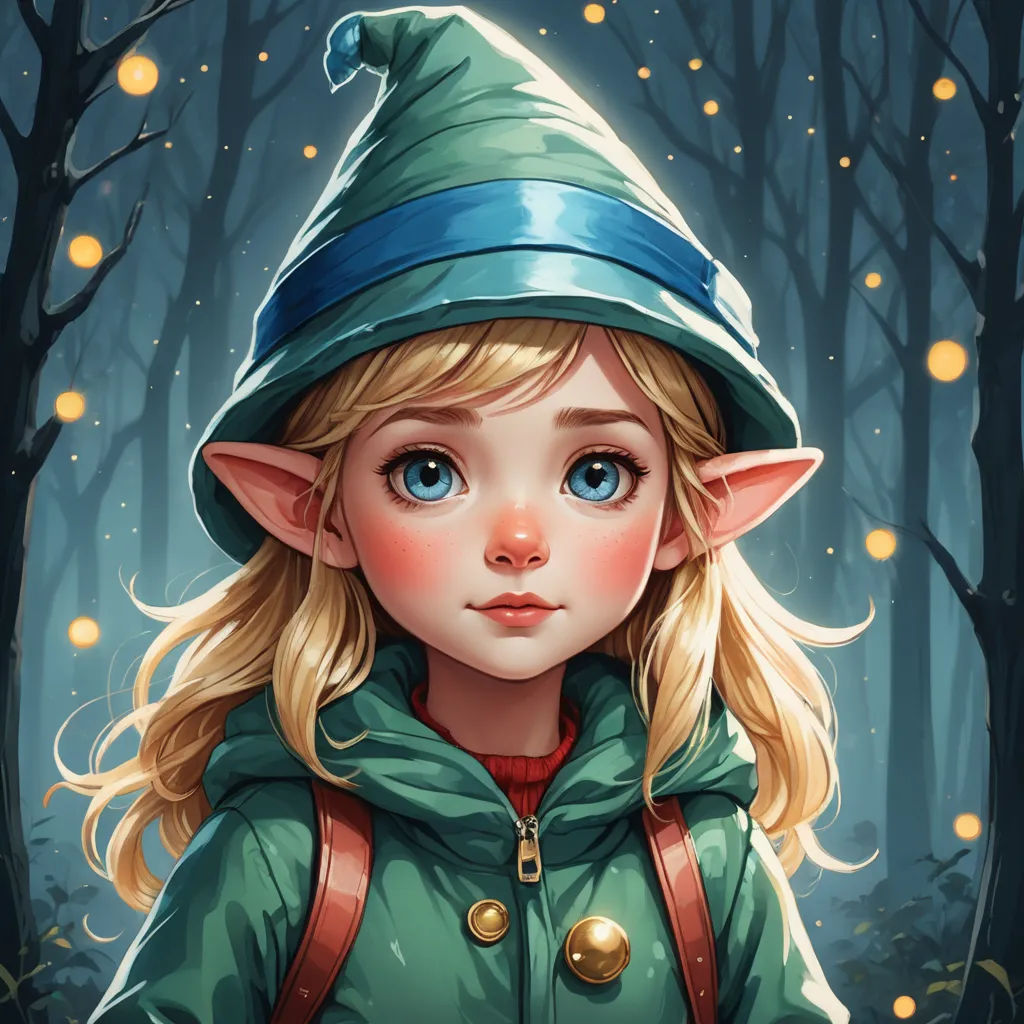 a painting of a little girl in a green jacket and a gnome hat with a blue eyes and a red backpack, fantasy art, a detailed painting, Charlie Bowater, trending on art station