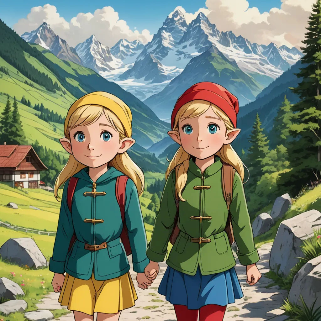 two young girls walking down a path in front of a mountain range with a cabin on the other side, naive art, a detailed matte painting, Claire Falkenstein, official art