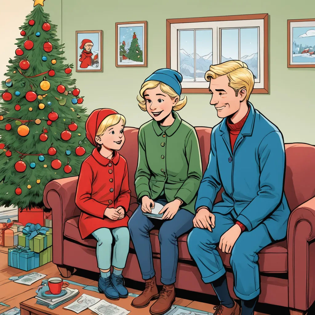 a family sitting on a couch in front of a christmas tree with presents on the floor and a christmas tree in the background, lyco art, a storybook illustration, Ernest William Christmas, promotional image
