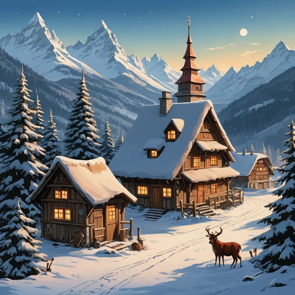 a painting of a snowy mountain cabin with a deer and a dog in front of it and a full moon in the sky, fantasy art, a detailed matte painting, Evgeny Lushpin, kinkade