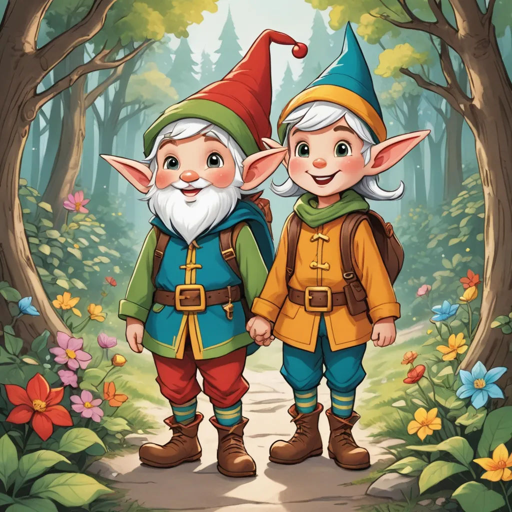 two gnomes standing in the woods with flowers and trees behind them illustration by alex krapska, fantasy art, a storybook illustration, Brothers Hildebrandt, d & d