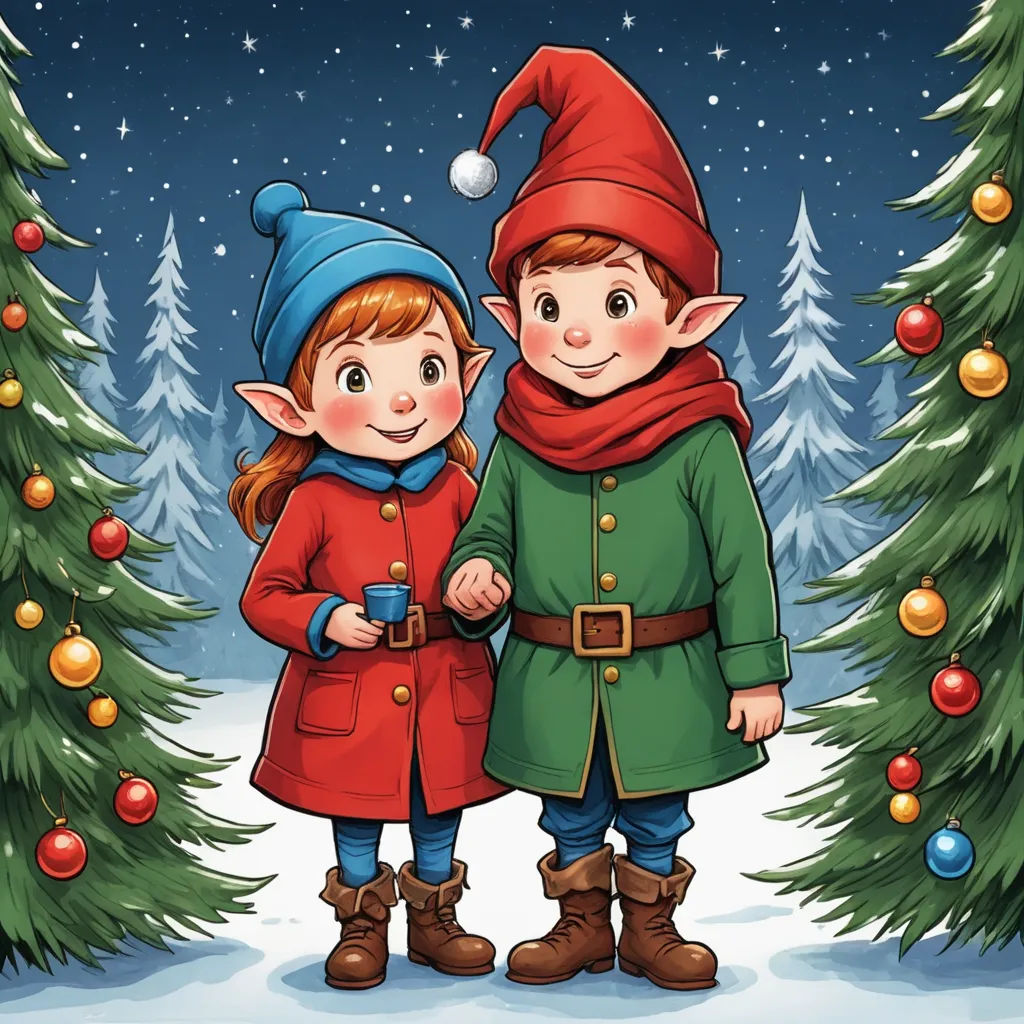 a couple of elves standing next to a christmas tree in the snow with a cup of coffee in their hands, naive art, a storybook illustration, Elsa Beskow, storybook illustration