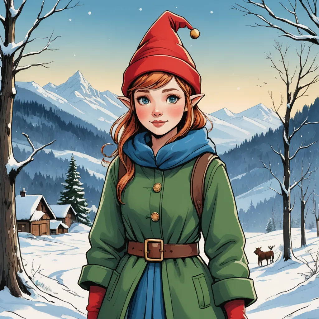 a cartoon of a girl in a green coat and red hat in the snow with a deer in the background, fantasy art, a character portrait, Evaline Ness, trending on art station
