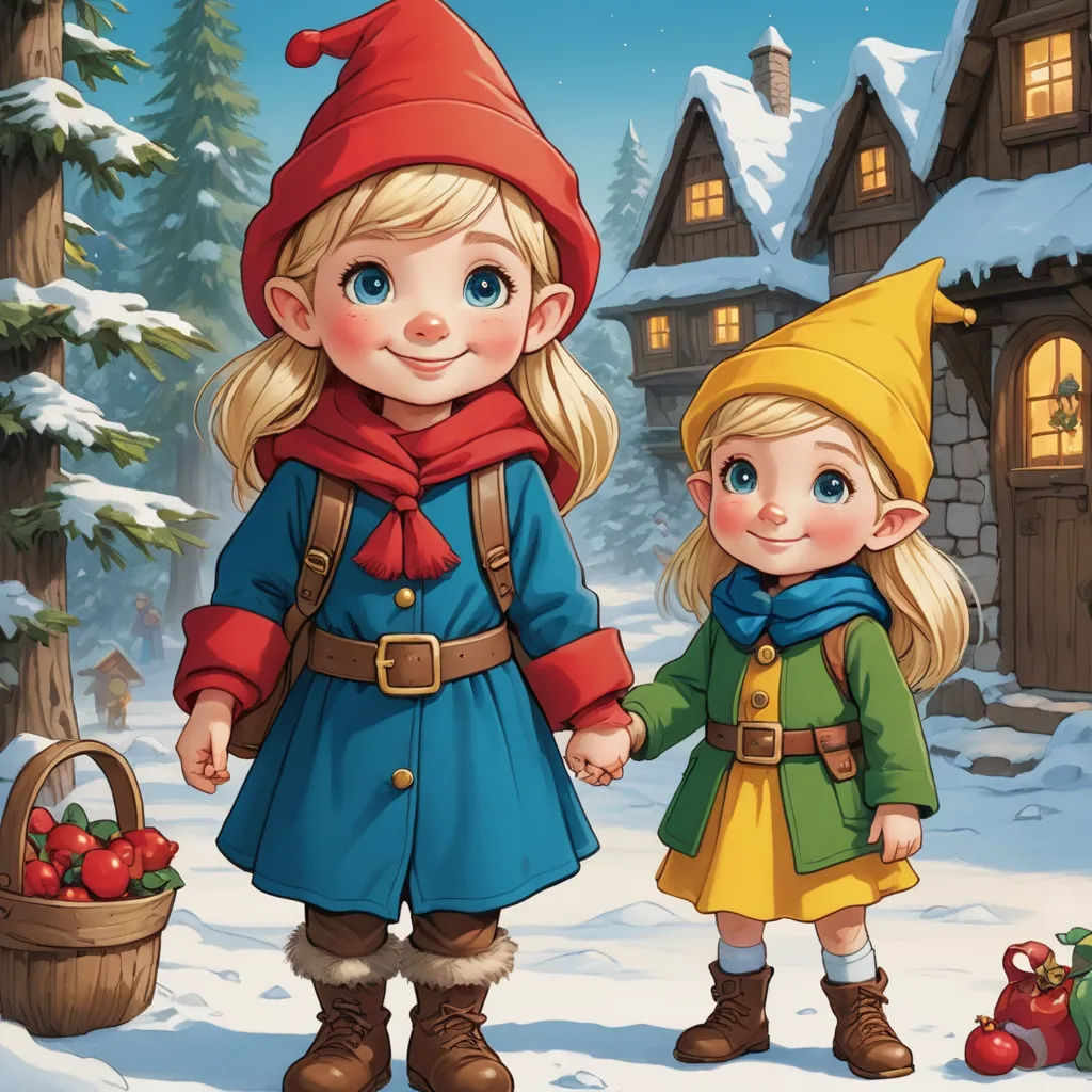 a couple of kids standing next to each other in the snow near a house with a christmas tree on it, naive art, a storybook illustration, Brothers Hildebrandt, storybook illustration