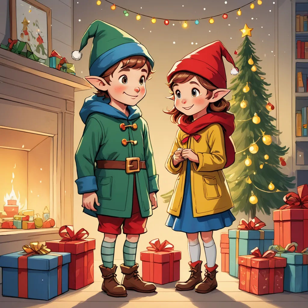a boy and a girl standing in front of a christmas tree with presents under it and a christmas tree in the background, naive art, a storybook illustration, Cliff Childs, official art