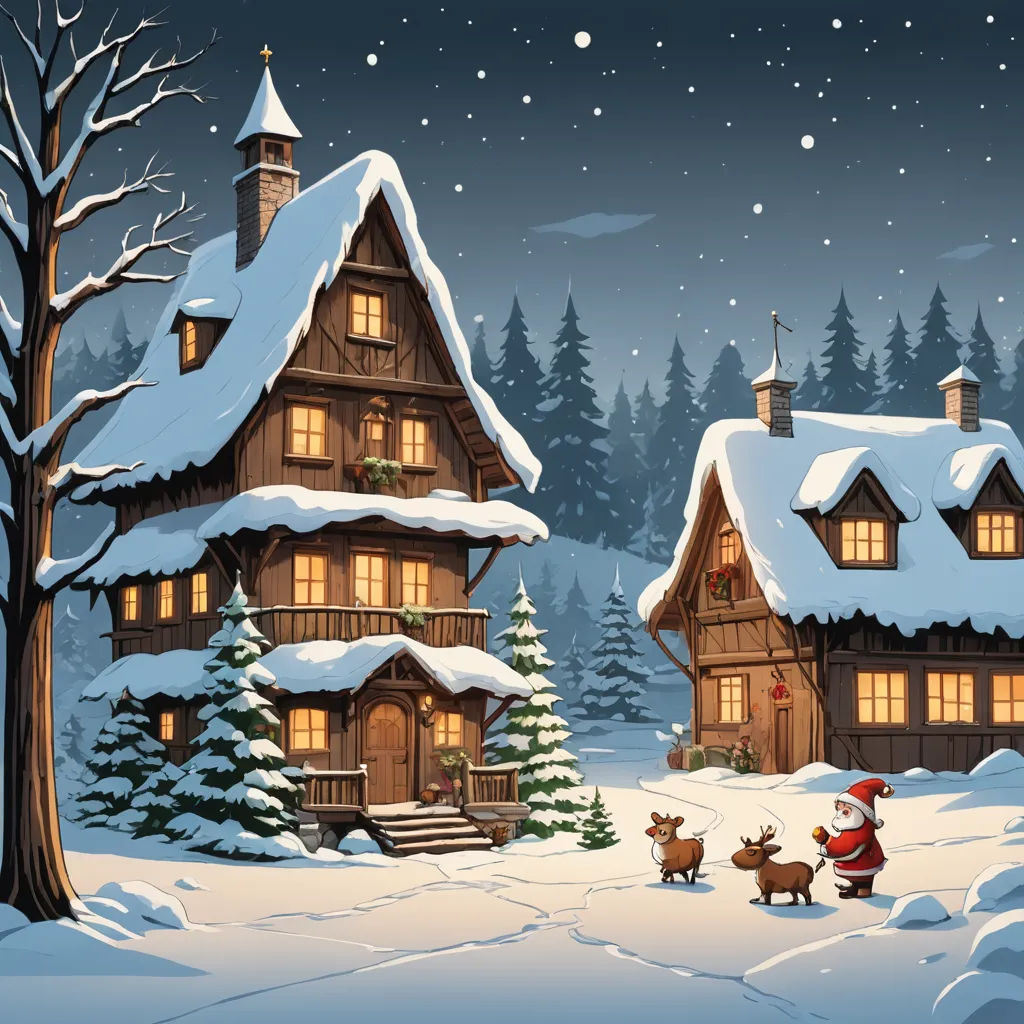 a christmas scene with a santa clause and a reindeer in front of a house with a christmas tree and a snow covered yard, naive art, a storybook illustration, Evgeny Lushpin, storybook illustration