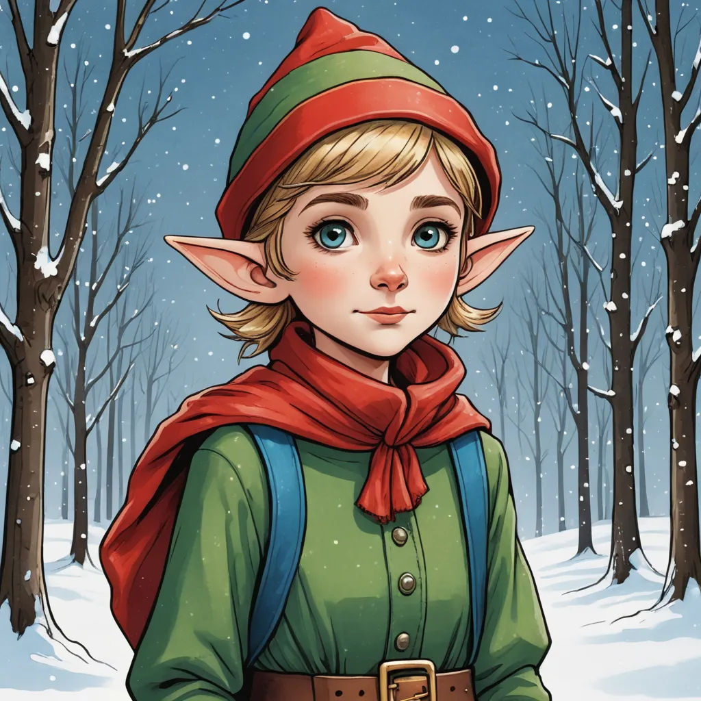 a cartoon of a elf in a snowy forest with trees and snowflakes on the ground and a red scarf on her head, fantasy art, a storybook illustration, Cliff Childs, official art
