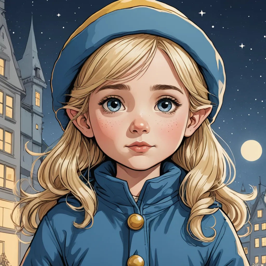 a cartoon girl with blonde hair and a blue hat on her head, standing in front of a castle, fantasy art, a storybook illustration, Cliff Childs, trending on art station