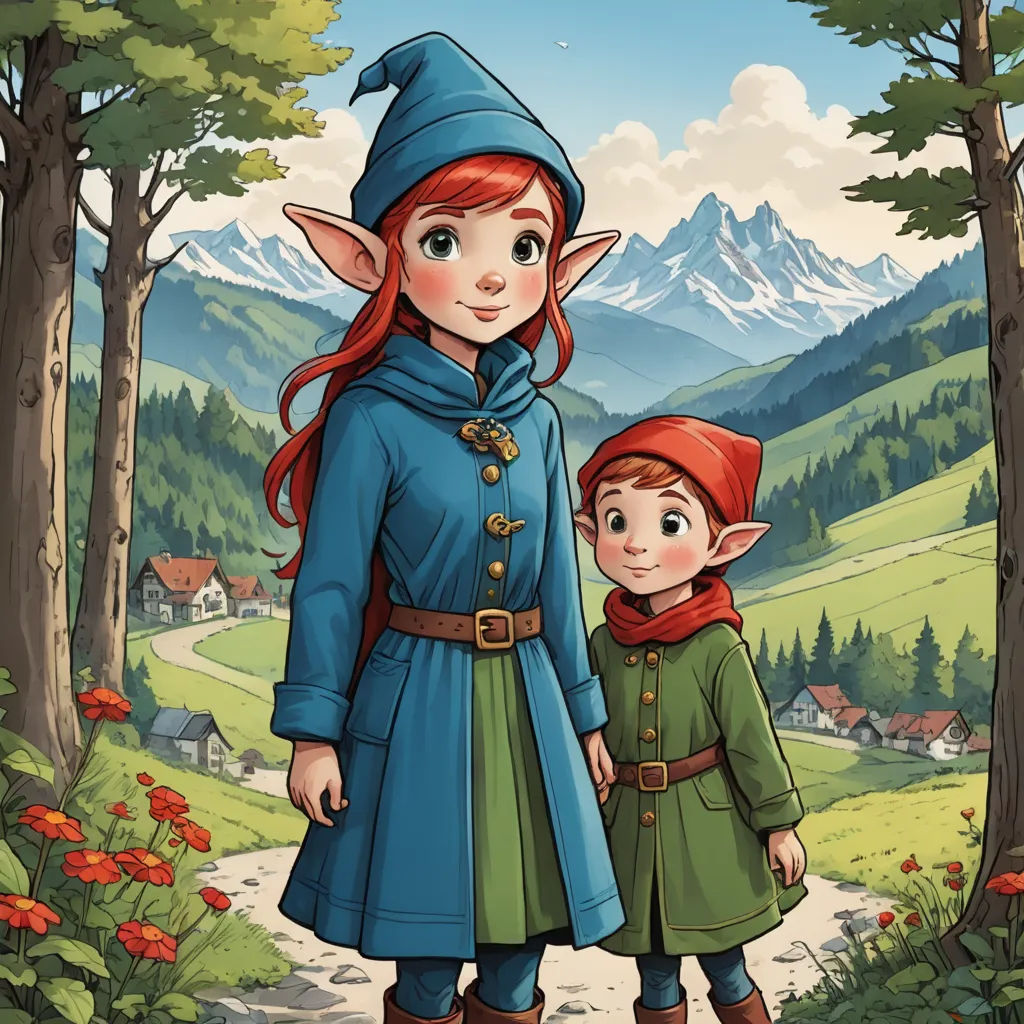 a cartoon of a woman and a child in a forest with mountains in the background and a red haired girl in a blue dress, fantasy art, a storybook illustration, Evaline Ness, official art