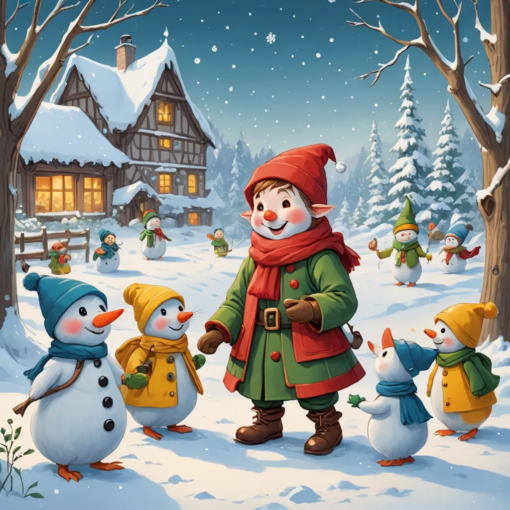 a painting of a snowman and his family in front of a house with snow on the ground and trees, naive art, a storybook illustration, Ernest William Christmas, storybook illustration