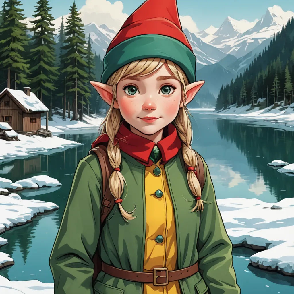 a cartoon of a girl in a green jacket and red hat standing in front of a lake and snowy mountains, fantasy art, a character portrait, Evaline Ness, fantasy character portrait