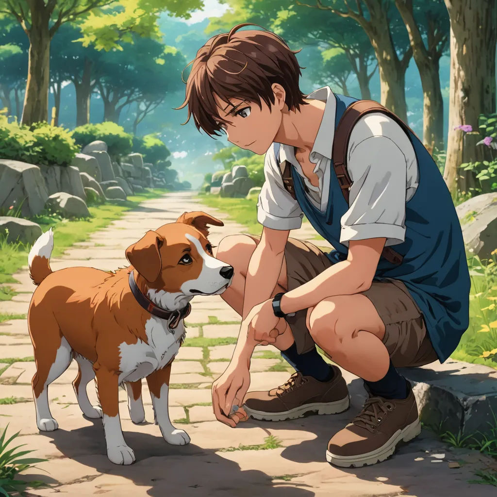 a boy kneeling down next to a dog on a path in a forest with trees and rocks on either side of him, sots art, a character portrait, Cedric Seaut (Keos Masons), official art