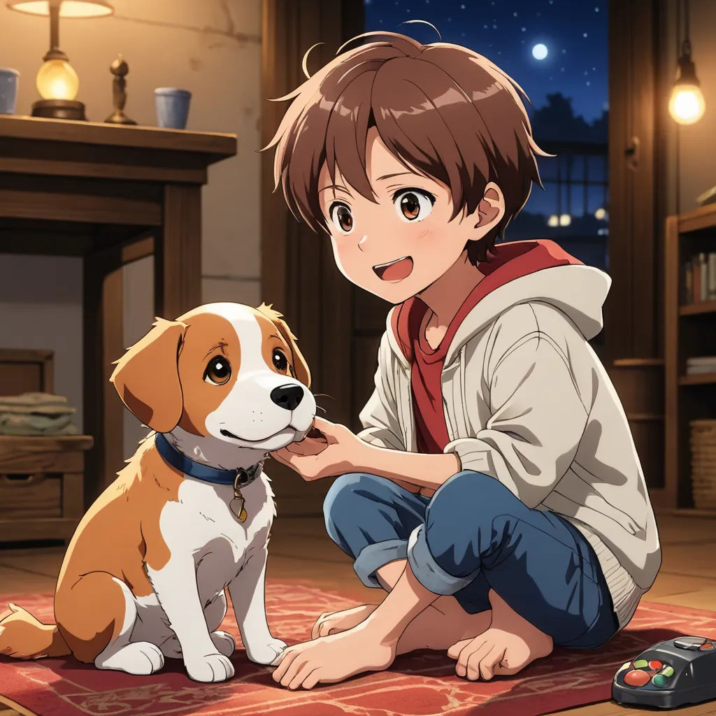 a boy petting a dog on the floor in a living room at night time with a lamp on, sots art, concept art, Dan Content, official art