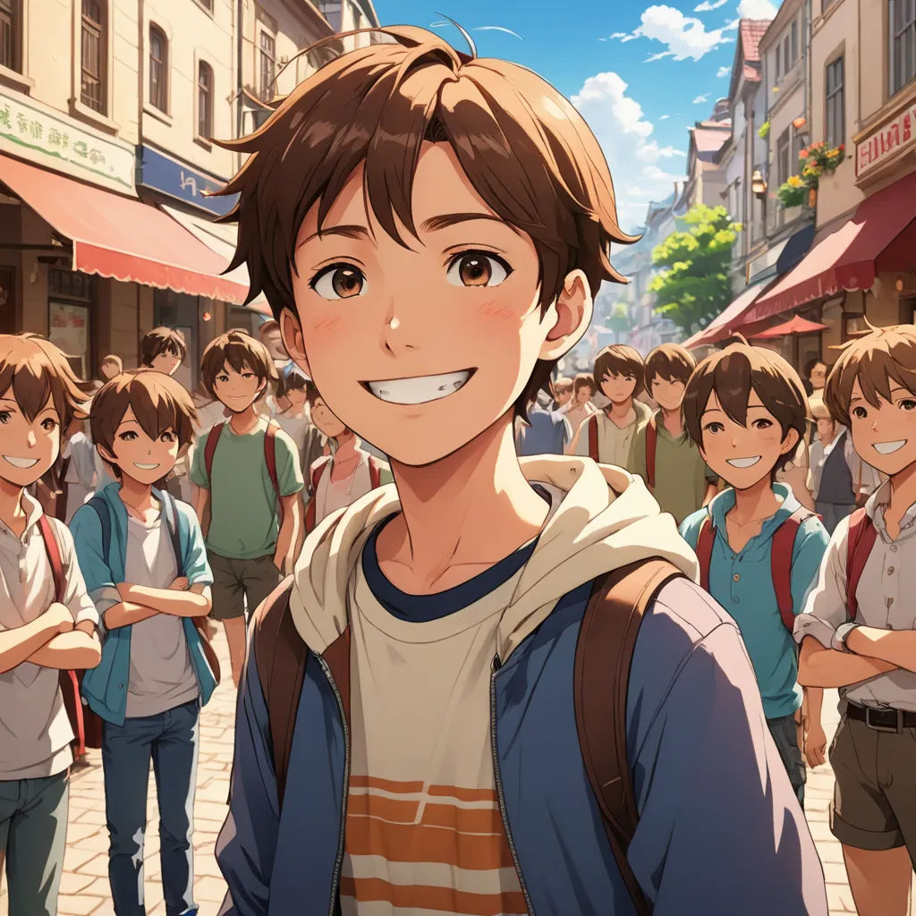 a boy with a backpack standing in front of a crowd of people in a city street with buildings and a red awning, rayonism, a stock photo, Adam Manyoki, official art