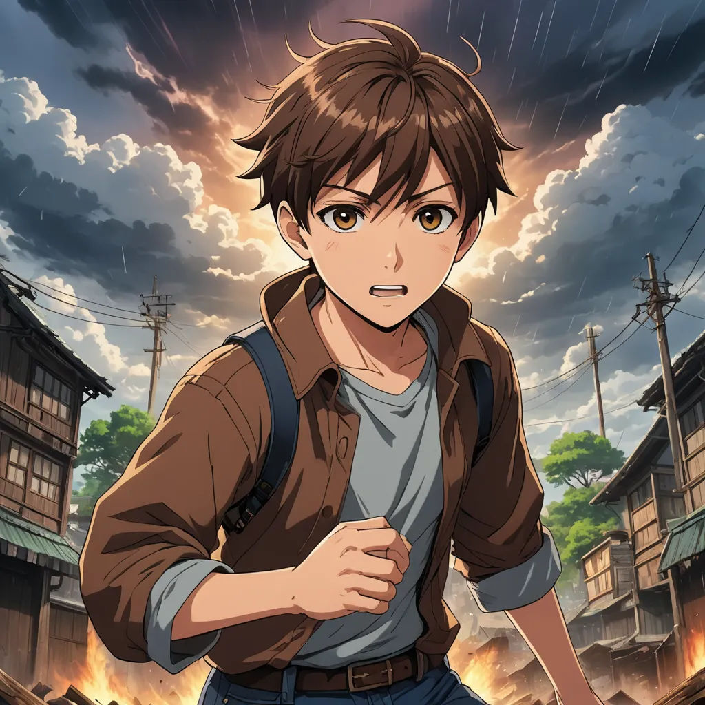 a young man in a brown jacket and blue jeans is standing in front of a building with a sky background, shock art, concept art, Adam Manyoki, official art