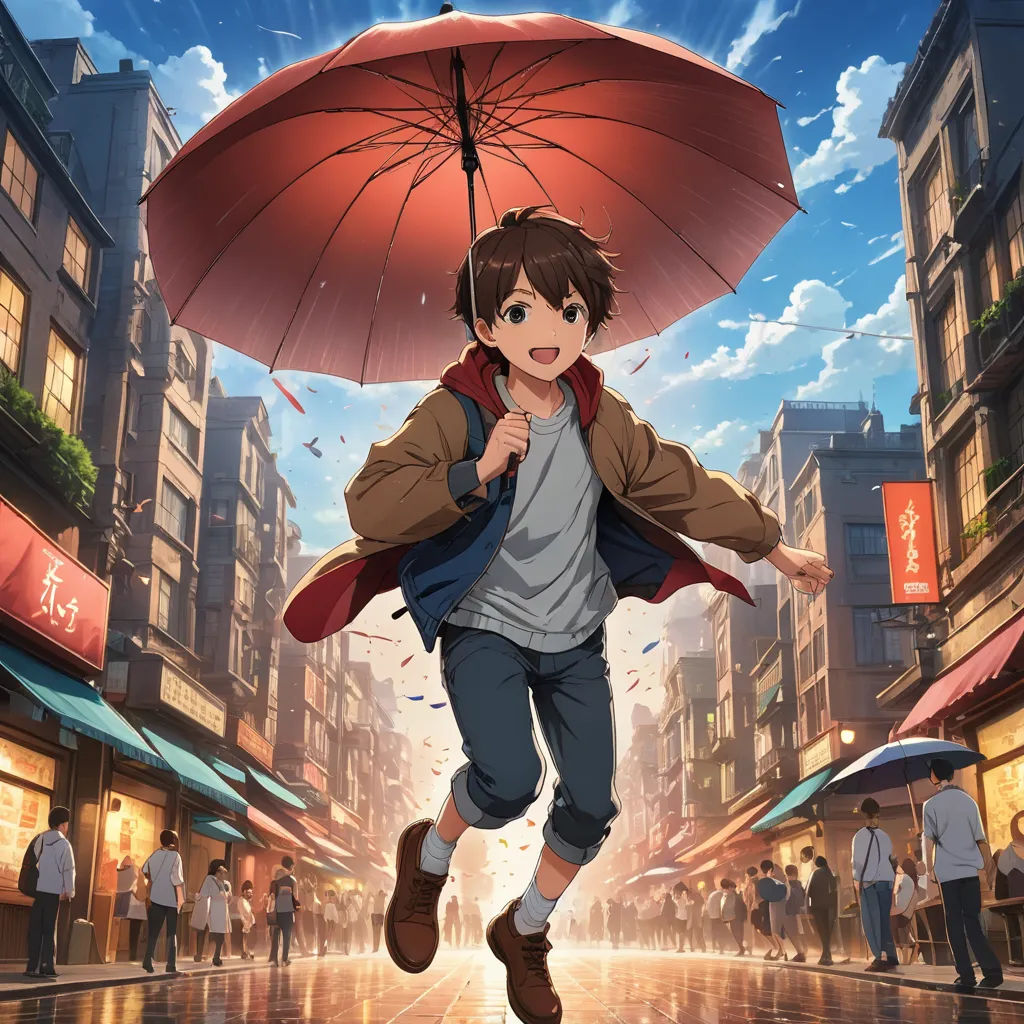 a boy is running with an umbrella in the rain in a city street with people walking around him and buildings in the background, rayonism, concept art, Cedric Seaut (Keos Masons), anime key visual