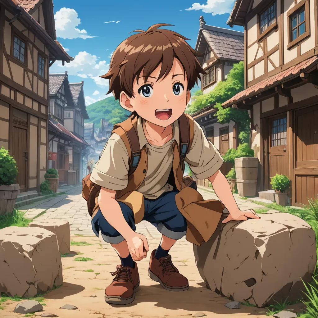 a boy is sitting on a rock in a village with a building in the background and a sky in the background, sots art, concept art, Cedric Seaut (Keos Masons), anime key visual