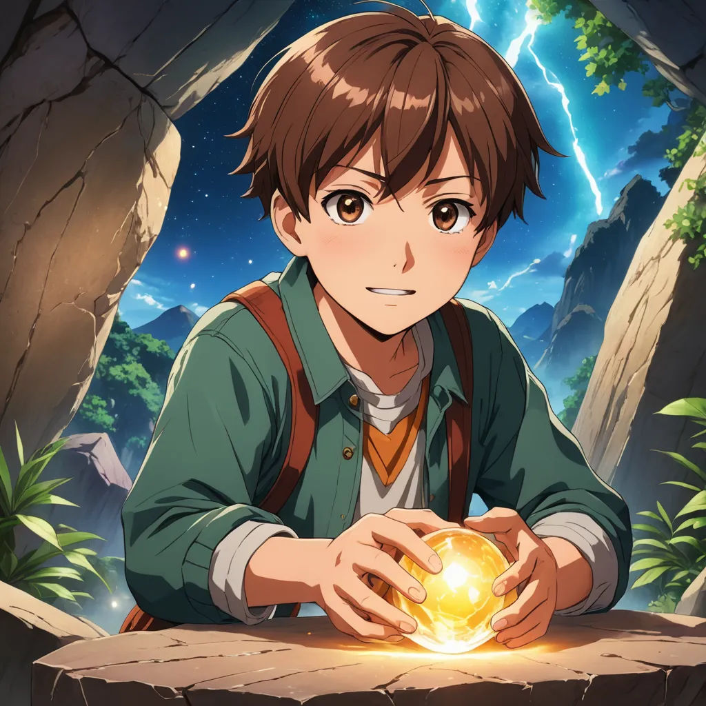 a boy holding a golden ball in his hands in front of a cave with lightning in the background and a lightning bolt in the sky, shock art, concept art, Ai-Mitsu, official art