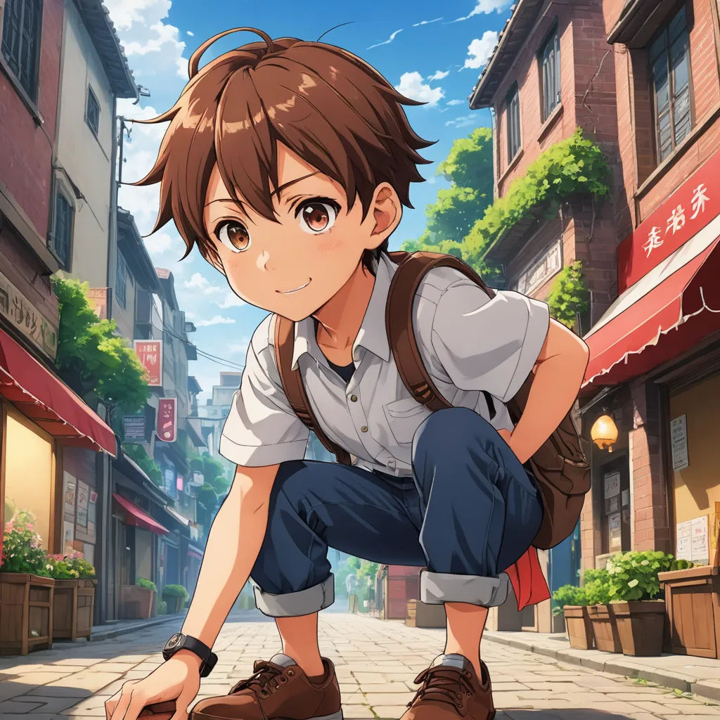 a boy kneeling down on a street with a backpack on his back and a building in the background with a sky background, magic realism, concept art, Adam Manyoki, official art